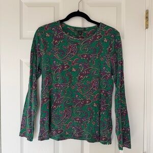 Lauren Ralph Lauren Green Paisley Patterned Long Sleeve Shirt Size Large Cotton